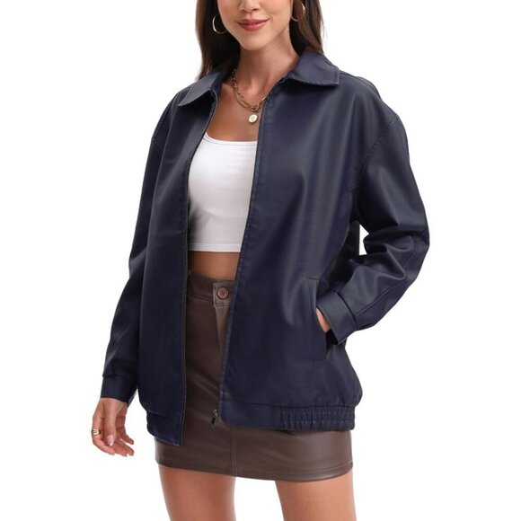 Jackets & Blazers - Womens Oversized Faux Leather Jacket Zip Up Motorcycle Loose Fit Fall Outfits